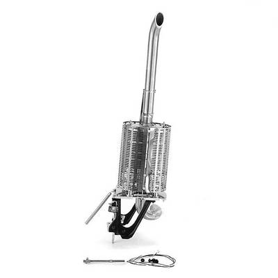 A metallic sprayer for agricultural purposes, with a long, narrow outlet pipe and an operating handle.