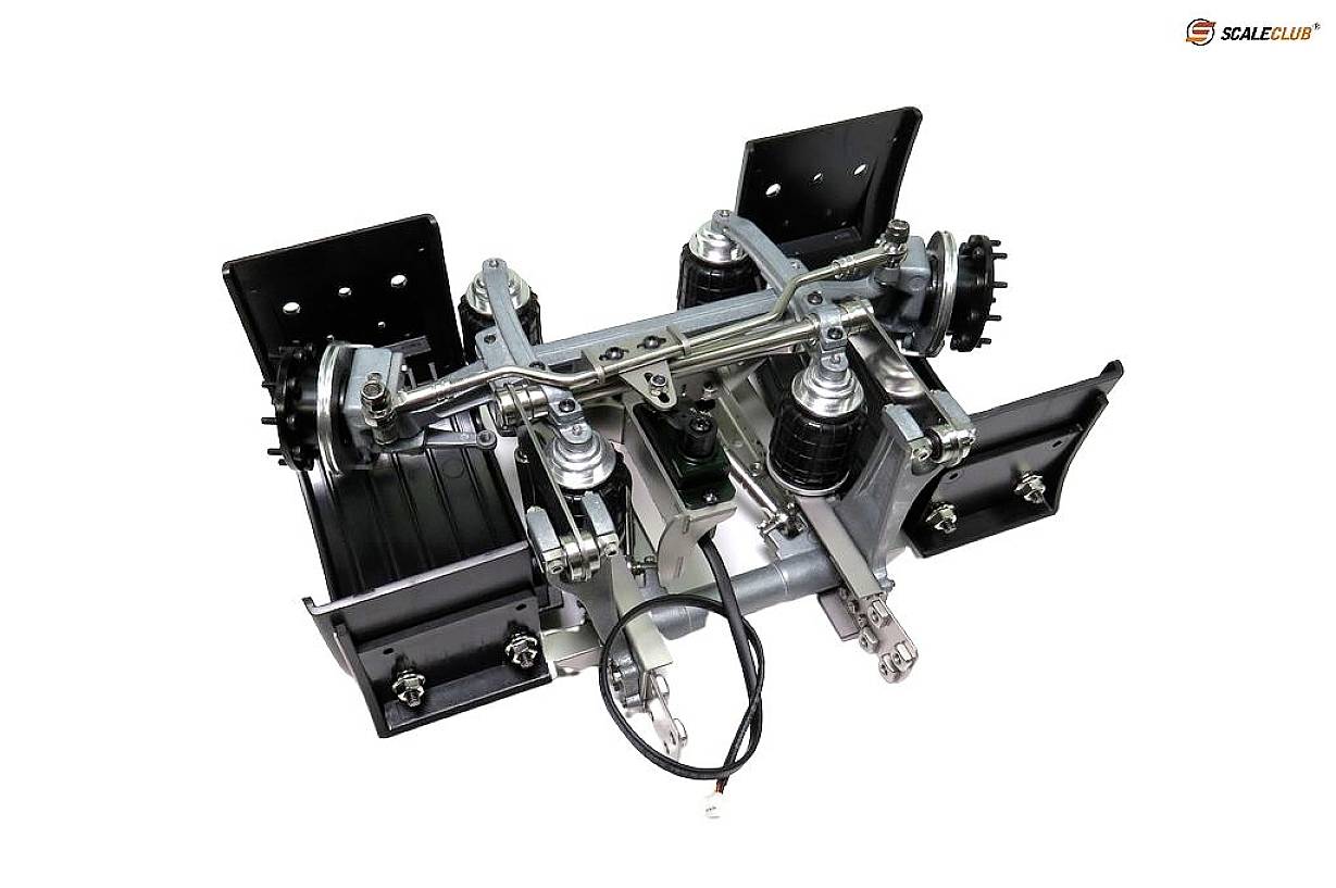 'Metal model of a lorry chassis with detailed suspension and axles, black base and multiple movable joints.'