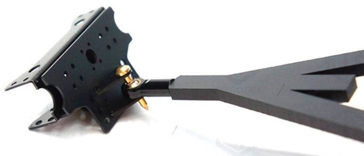 Black metal mounting arm with mounting screws, suitable for fixing to a flat surface or wall.