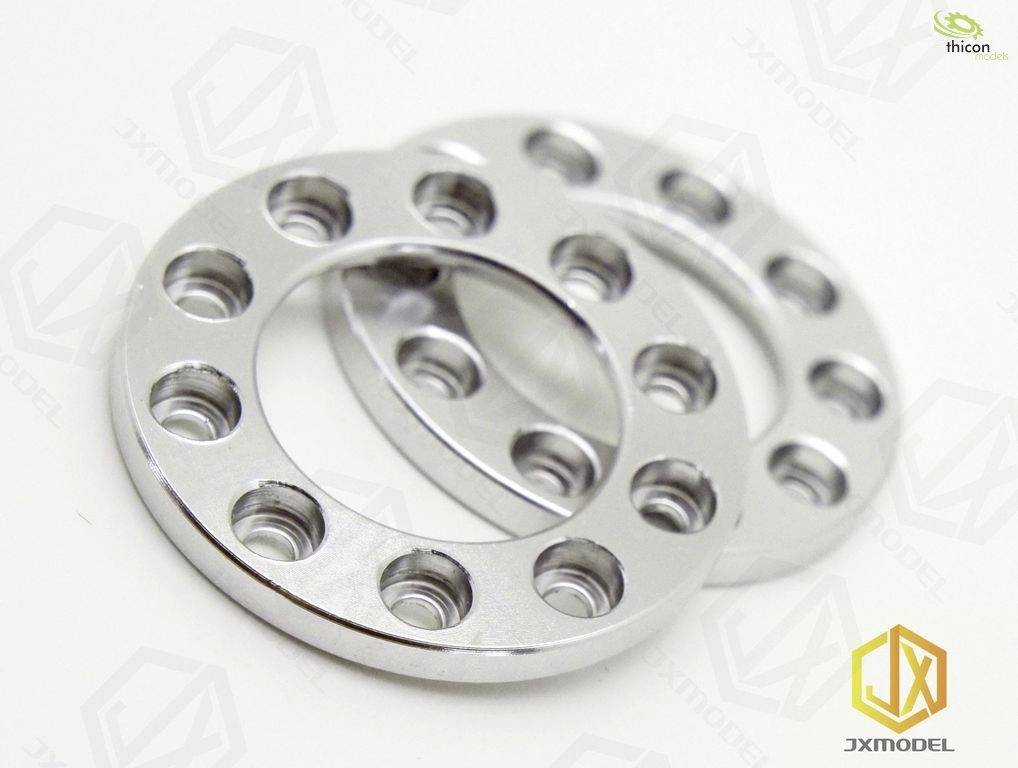Two silver metal discs with numerous drilled holes. Logo top right for 'thicon', bottom left 'JXMODEL'.