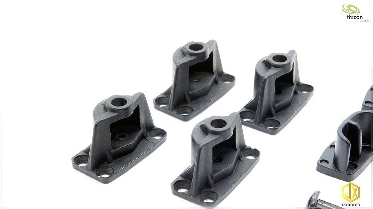 Four black plastic holders on a white background, with a logo in the top right corner.
