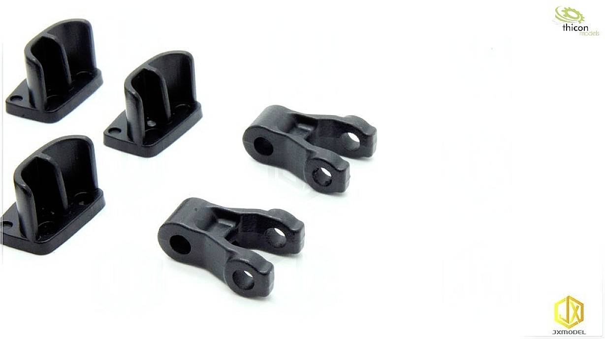Black plastic components, likely mounting brackets, distributed on a white background, with two manufacturer logos in the corners.