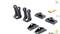 Small black plastic parts and metal accessories for model building, arranged on a white background.