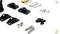 'Various small metal and plastic parts, including screws, nuts, and angle brackets, on a white surface.'