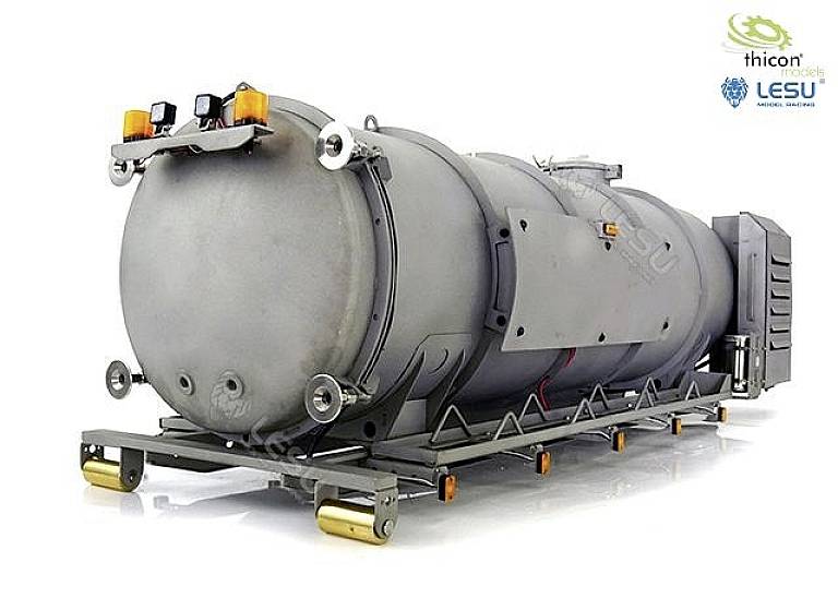 Large grey horizontal tank with valves and fittings, mounted on a frame. Logos shown in top right corner.