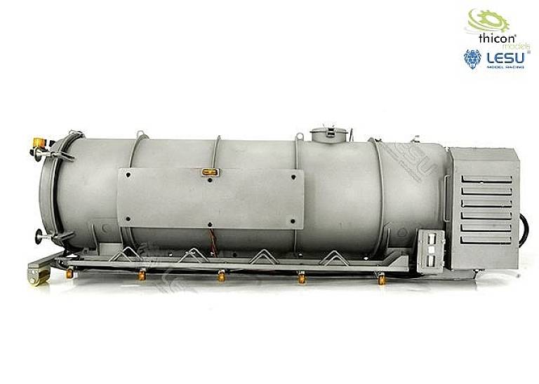 Cylindrical grey boiler with pipes and connections, mounted on a rectangular base. 'thicon models' logo top left and 'LESU' logo to the right.