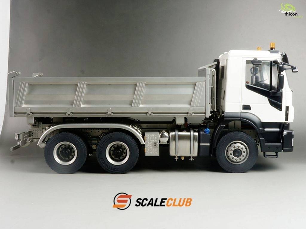 Lorry model at scale with a tiltable loading bed, photographed from the side. Brand logo 'ScaleClub' shown at the bottom.