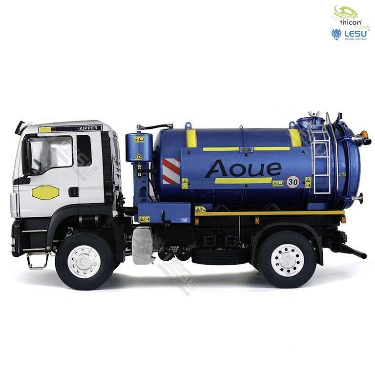 A blue and white tanker truck seen from the side, with the inscription 'Aoue' on the tank. The lorry has white wheels and a white cab.