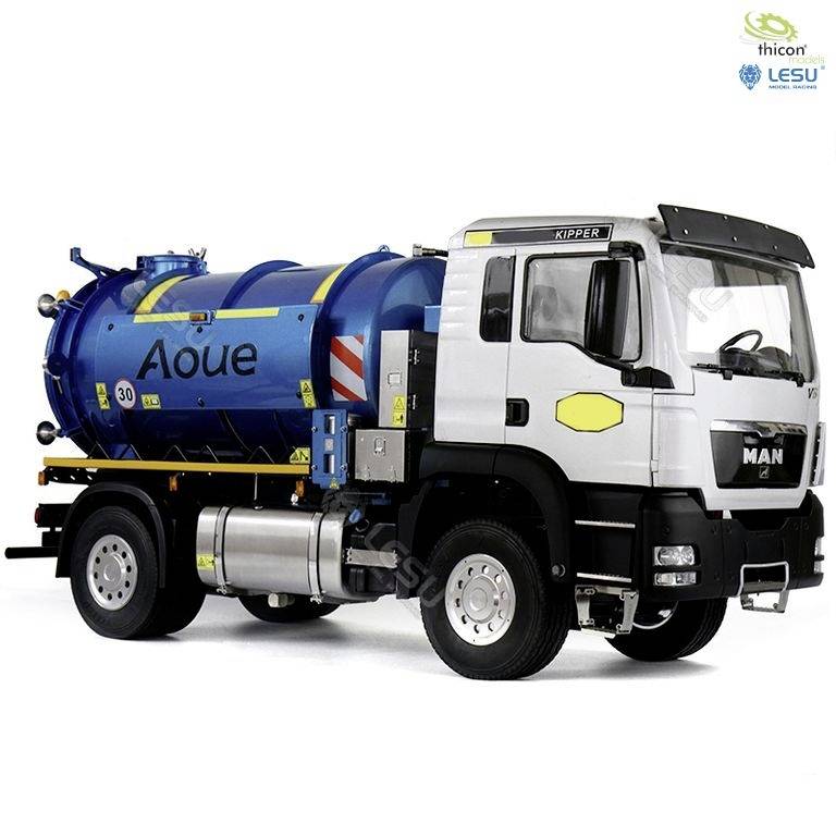 A lorry with a white cab and blue tanker trailer, labelled 'Aoue'. A tanker for liquid transportation, standing against a white background.