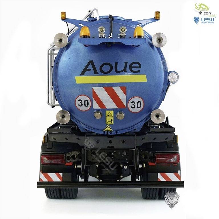 A blue tanker truck from behind, with the inscription 'Aoue' and a label '30 30'. Safety markings are visible.