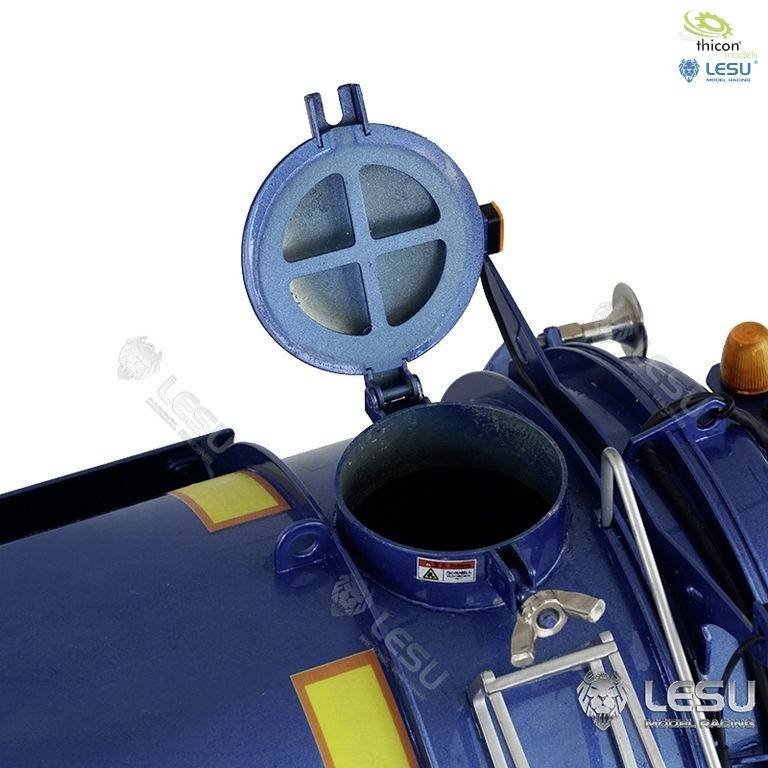 Blue container model with an open lid and yellow stripe; industrial representation, manufacturer logos visible in the top right.