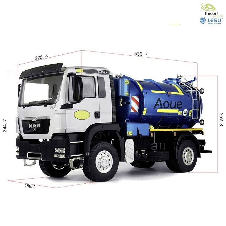 Pictured is a blue lorry model with the inscription 'Aoue' on a white background, with technical measurements surrounding it.