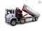Silver tipper lorry with a red crane arm, loading bed raised, ready to unload. Pay attention to details such as tyres and tool boxes.