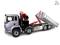Silver lorry with raised tipper body, four axles and red loading crane, side view.