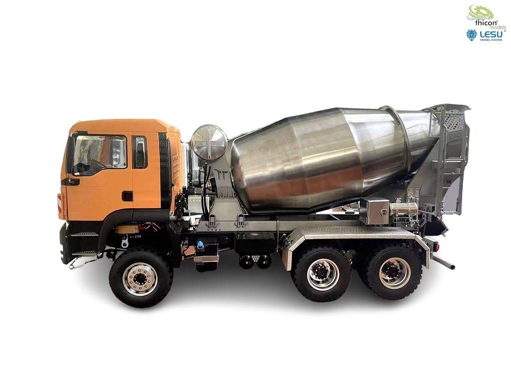 An orange concrete mixer lorry with a metal drum, photographed from the side, stands on a white surface. Company logos are positioned in the top right corner.
