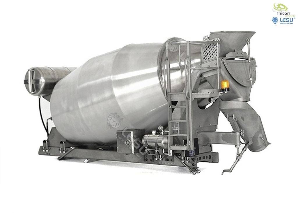 Silver concrete mixer drum on a white background, detailed with ladders and connections on the side.