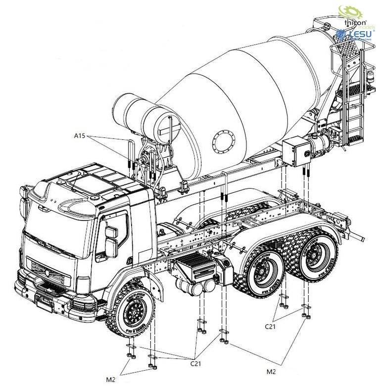 Technical drawing of a concrete mixer truck with detailed labels of vehicle components and parts.