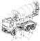 Technical drawing of a concrete mixer truck with detailed labels of vehicle components and parts.