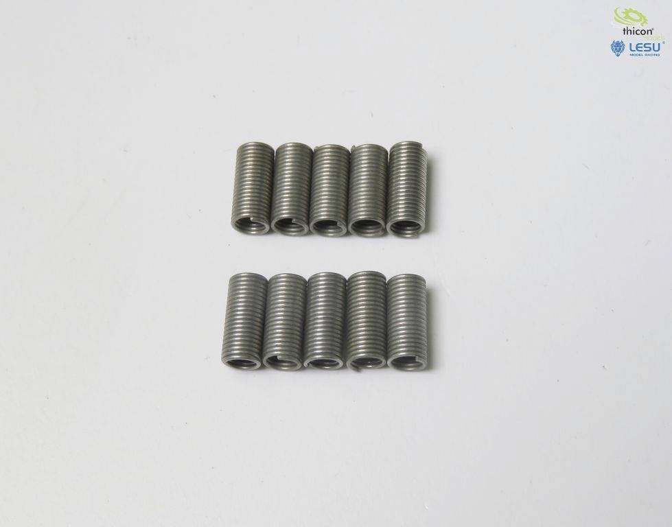Ten small metal springs arranged in two rows on a white surface. A green logo and text are visible in the top right corner.