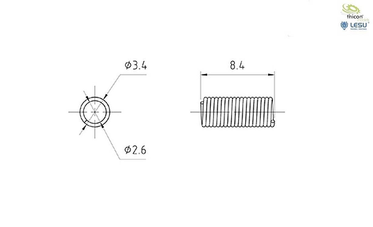 Technical drawing of a helical spring: Top view shows 3.4 mm outer diameter and 2.6 mm inner diameter. Side view shows 8.4 mm length.