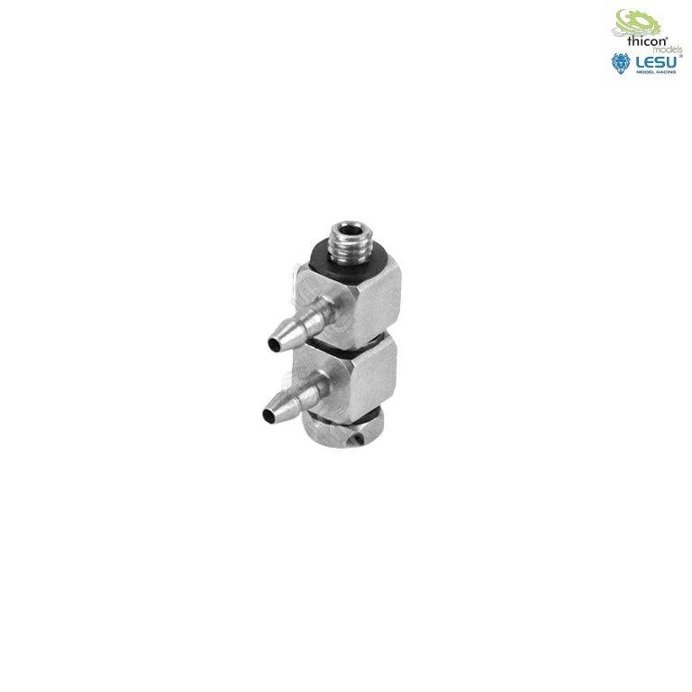 Metal valve with three connection fragments against a white background. Two logos located in the top right: a stylised cogwheel and a water droplet.