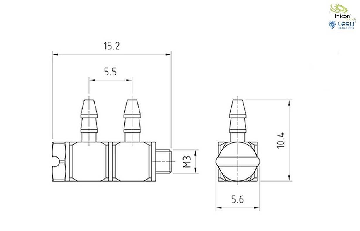Technical drawing of a hydraulic component with dimensions 15.2 x 10.4 x 5.6. Dimensions and thread size M3 specified.