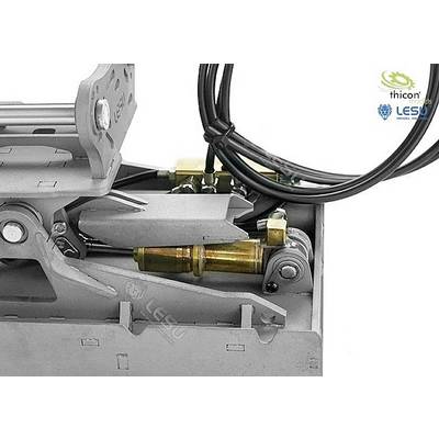 A mechanical component with hydraulic components and cables. In the background, logos of 'thicon models' and 'LESU'.