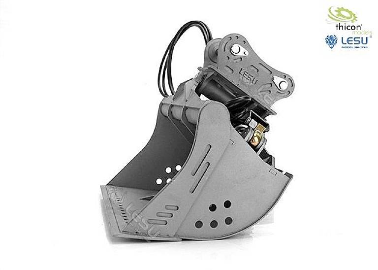 Excavator attachment with hydraulic control. Grey in colour, suitable for model building use. Manufacturer logos in the top right.