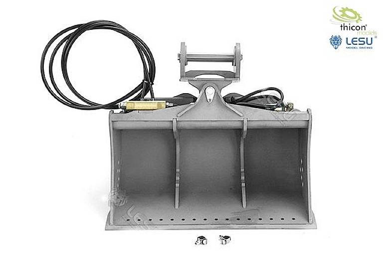 Grey excavator bucket attachment with hydraulic hoses and mounting elements against a white background. Brand logos in the top left corner.