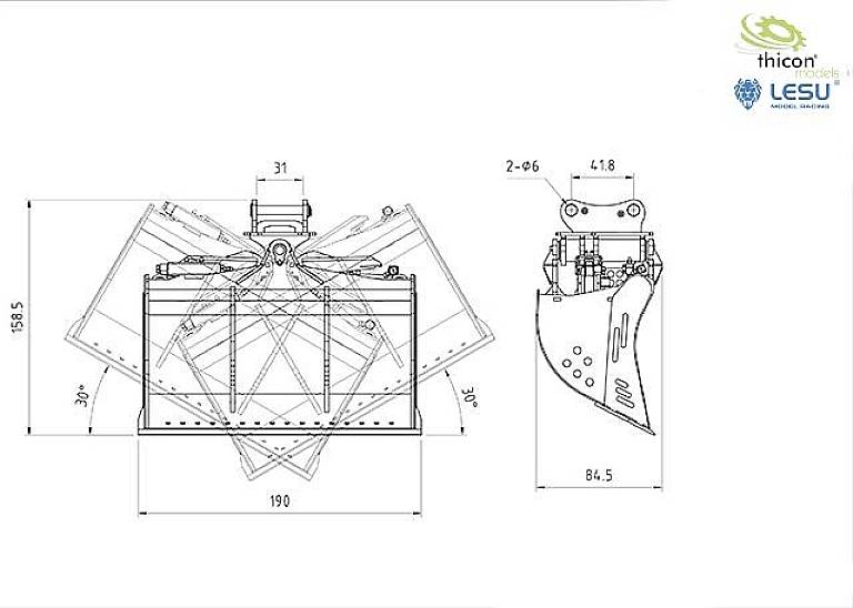 Technical drawing of an excavator bucket. Dimensions are noted: width 190mm, height 158.5mm, opening angle 30 degrees. Logos in top right corner.