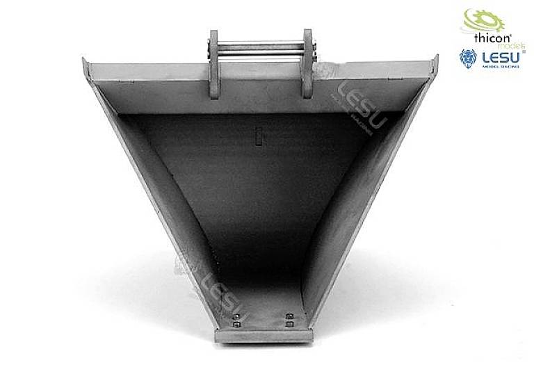Metal shovel with a trapezoidal design, closed at the front. Suitable for heavy construction machinery.