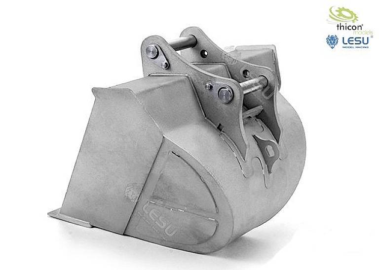 Grey excavator bucket with robust design and metal structure. Brand logos of 'Thicon Models' and 'LESU' positioned in the top right corner.