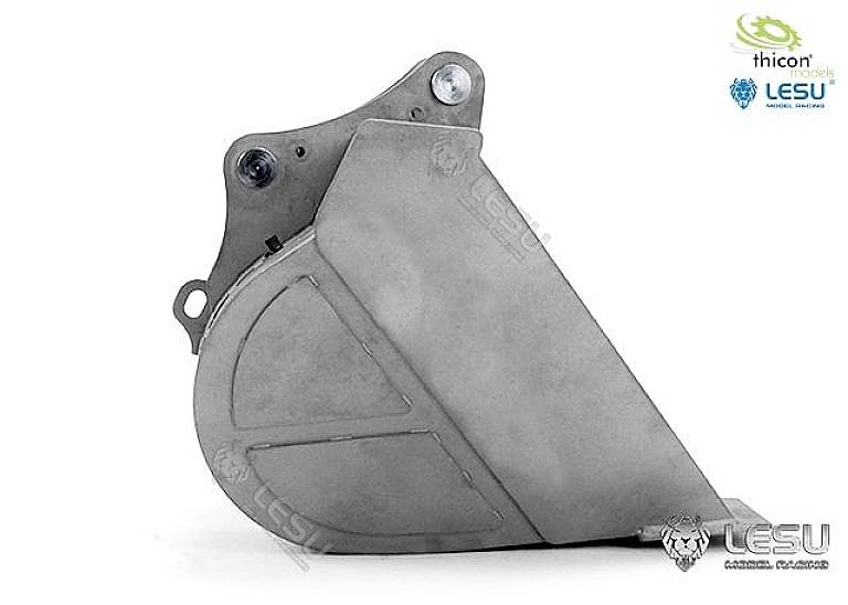 Silver-coloured machine component with rounded edges, presumably made of metal. Two logos are visible in the top right corner.