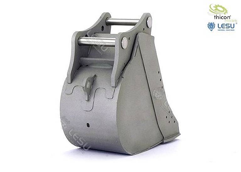 Grey metal shovel for model building, product by 'thicon models' and 'LESU'. Side view with visible mounting struts.