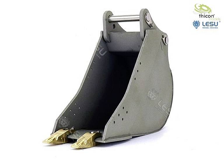 Metal excavator bucket with two golden teeth; suitable for model building. 'thicon models' and 'LESU' logos in the top right corner.