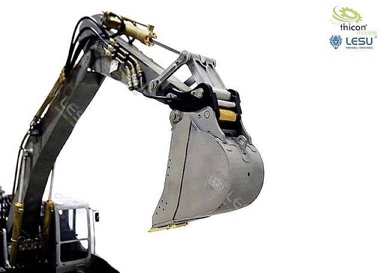 An excavator arm lifts a large bucket into the air. Part of the driver's cab is visible in the bottom left. The logos of 'Thicon Models' and 'Lesu' are positioned in the top right.