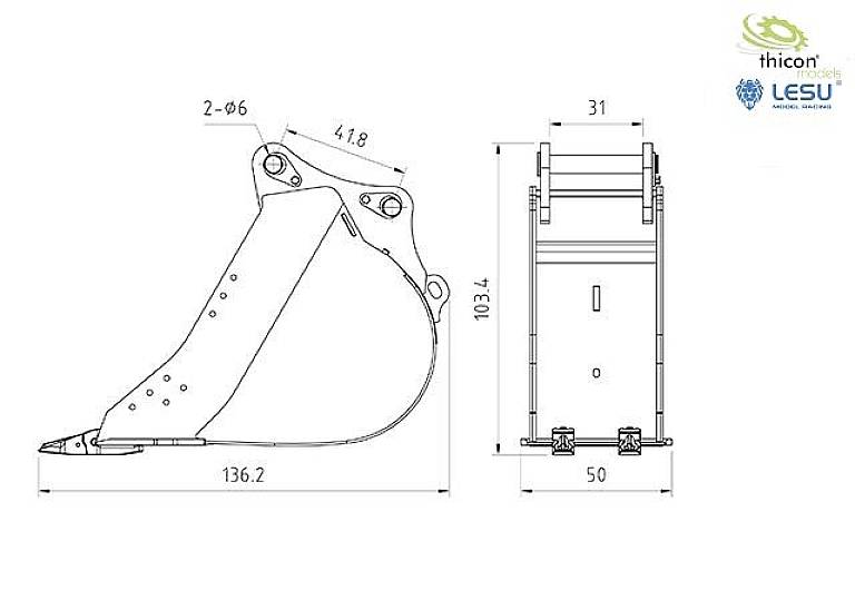 Technical drawing of an excavator bucket with dimensions: Width 31, Height 103.4, Length 136.2. Contains drilling and construction details.