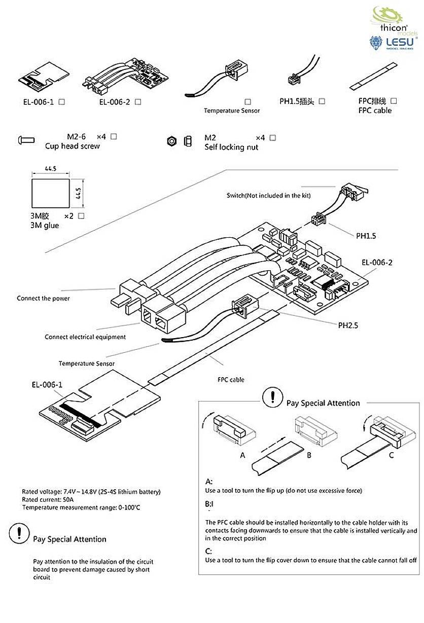 The image shows an electrical circuit diagram with cables and components. Notes: 'Pay particular attention', 'FPC cable'. Voltage: 7.2V-14.8V.