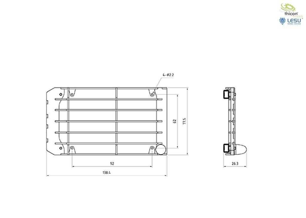Technical drawing of a radiator with dimensions in millimetres, side and horizontal views are shown.