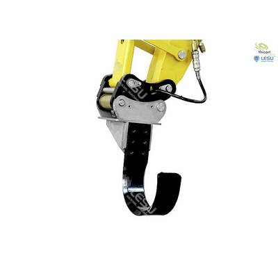 Yellow grabber arm with a hook against a white background, featuring the Lesu logo. Device for lifting loads, emphasising technical design and functionality.