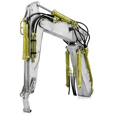 Hydraulic excavator arm, comprising silver metal components with yellow hydraulic cylinders and black hoses, in resting position.