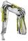 Hydraulic excavator arm, comprising silver metal components with yellow hydraulic cylinders and black hoses, in resting position.