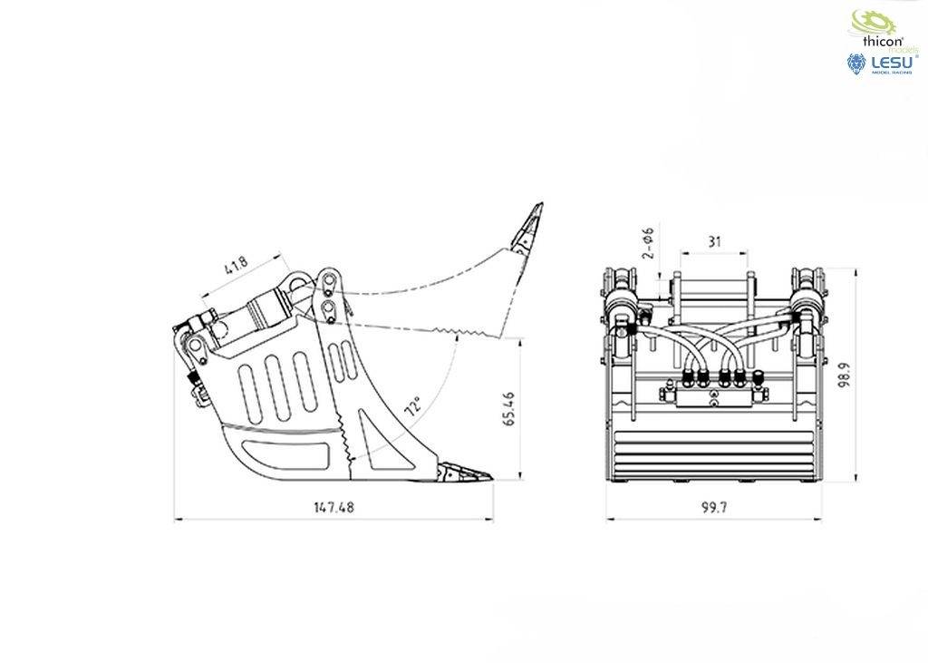 Technical drawing of an excavator bucket with dimensions and angles: Length 147.68 cm, Height 65.46 cm, Angle 72 degrees. Logos top right.