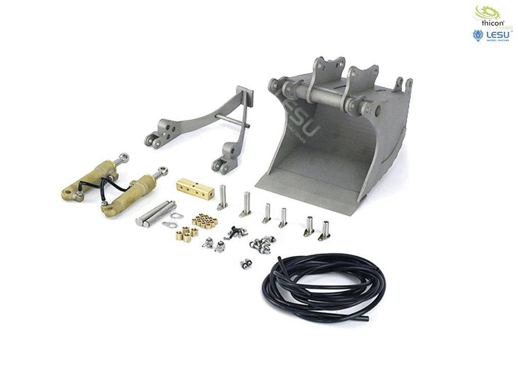 Kit of a model excavator contains: Bucket, hydraulic parts, screws and cables, arranged on a white background.