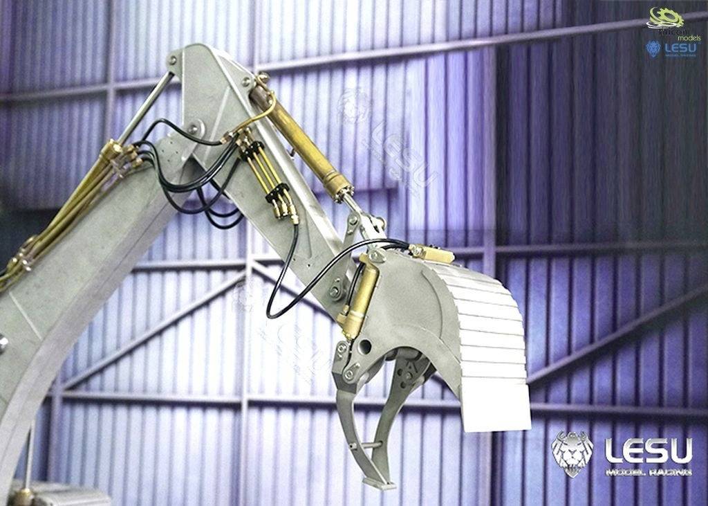 A hydraulic grab arm with a grabbing claw, used for industrial applications. Background shows metallic structure.