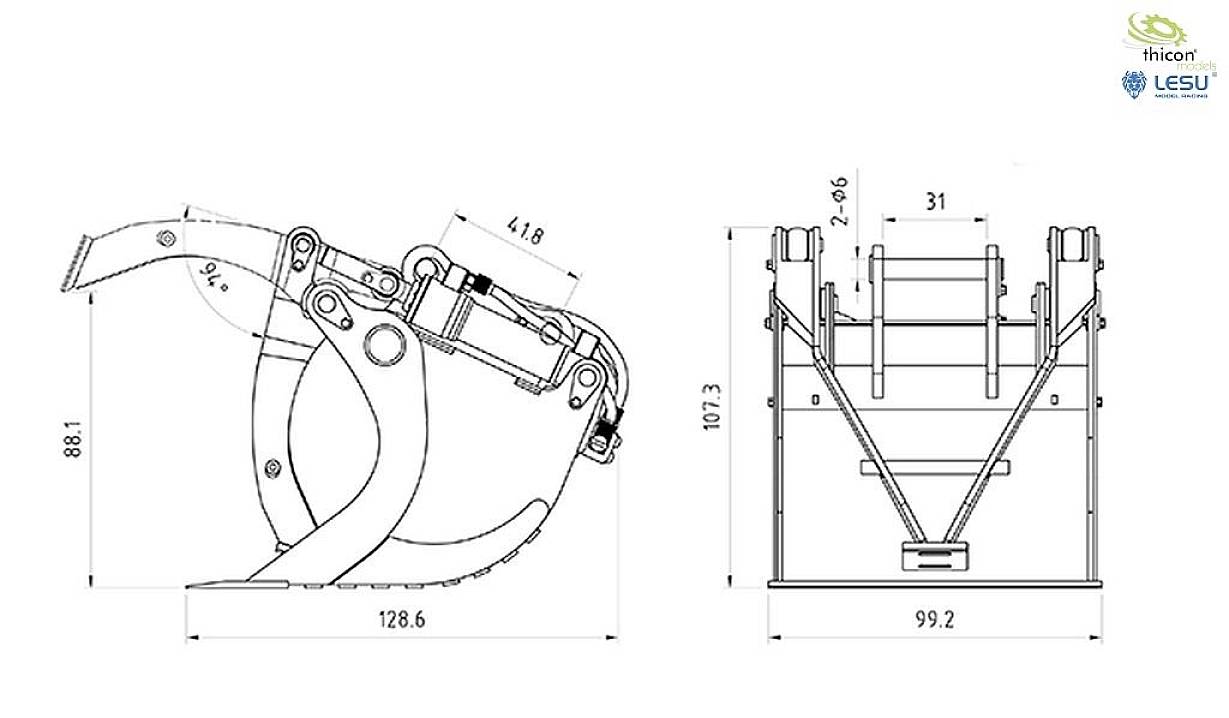 Technical drawing of a mechanical gripper with dimensions. Shows side and front view with key measurements.