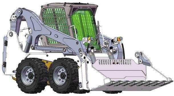 Excavator with a large bucket and two wheels on each side, with side grab arms rising to the apex. Ideal for construction work.