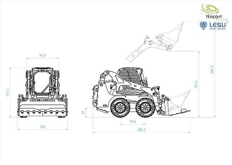 Technical drawing of a compact loader with various views and dimensions, showing the size and structure of the vehicle.