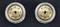Two round, gold-coloured metal objects with a central hole each, surrounded by small holes, set against a black background.