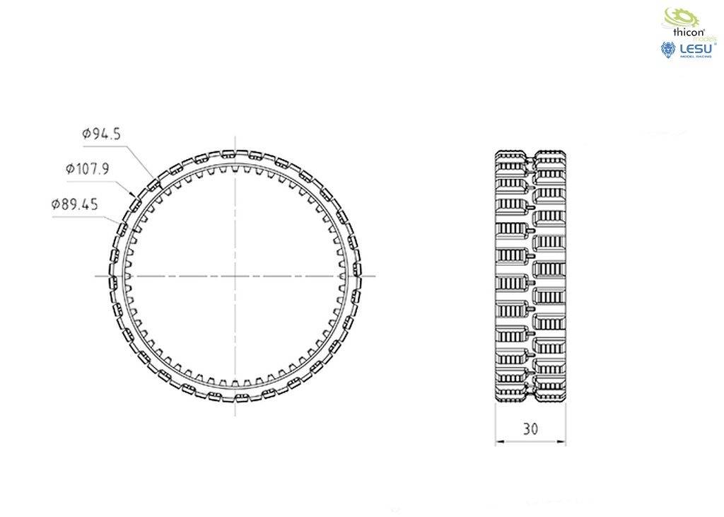 Technical drawing of a toothed ring. Left, a top view with dimensions Ø107.9, Ø94.5 and Ø89.5. Right, a side view with width 30.
